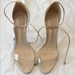 SCHUTZ Beige Lace-Up Sandals with Clear Toe Strap